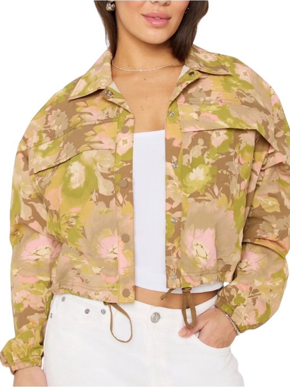 Fabletics Quintessential Cropped Cargo Jacket Gouache Bouquet Floral Neutral NWT